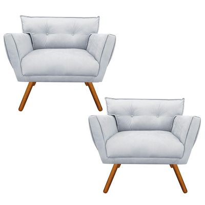 Kit 02 Poltronas Anitta Suede Cinza Pés Palito Castanho