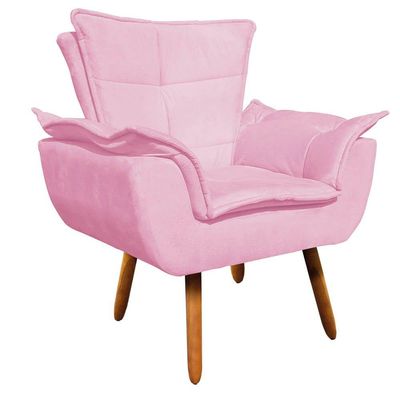Kit 02 Poltronas Opala Suede Rosa Bebê Pés Palito Castanho