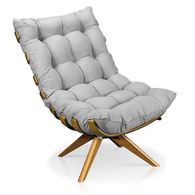 Poltrona Giratória Costela Suede Base Madeira Cinza