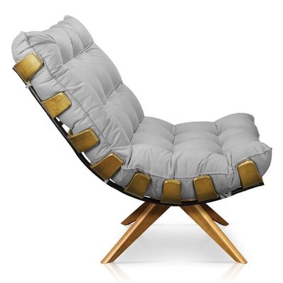 Poltrona Giratória Costela Suede Base Madeira Cinza