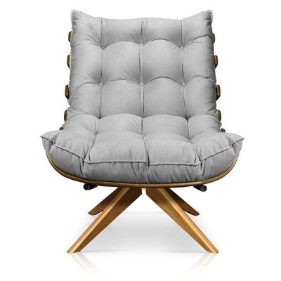 Poltrona Giratória Costela Suede Base Madeira Cinza