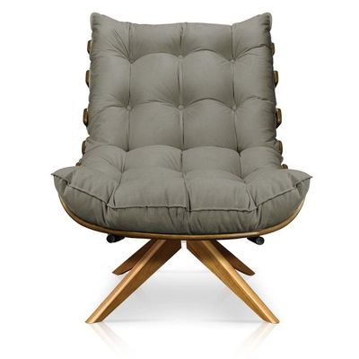 Poltrona Giratória Costela Suede Base Madeira Marrom Rato
