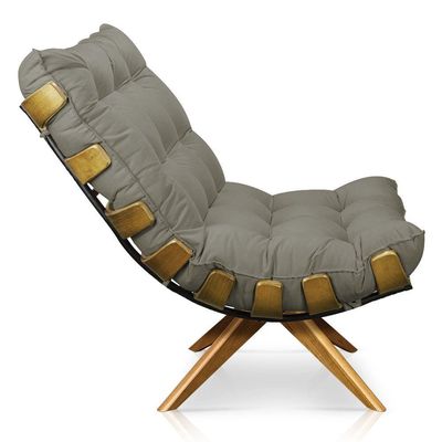 Poltrona Giratória Costela Suede Base Madeira Marrom Rato