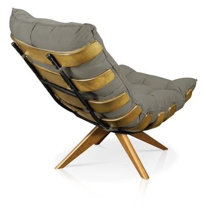 Poltrona Giratória Costela Suede Base Madeira Marrom Rato