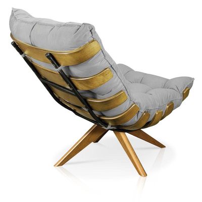 Poltrona Giratória Costela Suede Base Madeira Cinza