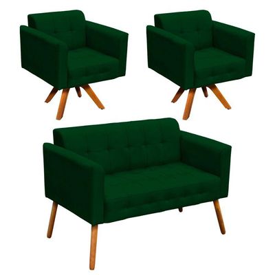 Kit 01 Namoradeira E 02 Poltronas Elisa Suede Verde