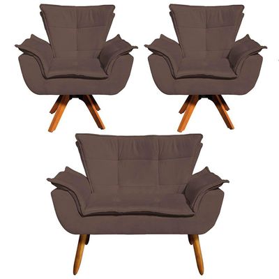 Kit 01 Namoradeira E 02 Poltronas Opala Suede Marrom