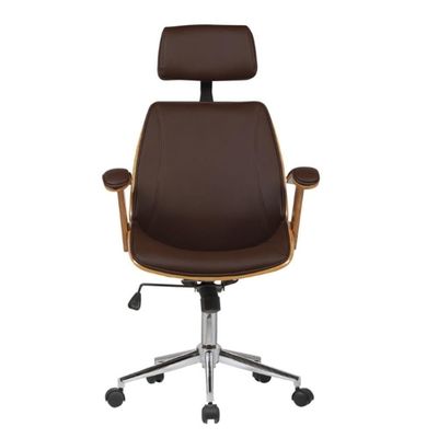 Cadeira Giratória Lisboa Bergen Rivatti C- Encosto De Cabeça Madeira Laminada Pu Marrom Base Rodízio