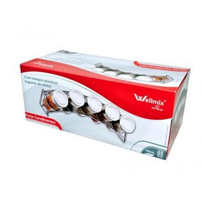 Porta Condimento De Vidro 5 Potes e Suporte Wellmix