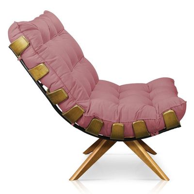 Poltrona Giratória Costela Suede Rose Base Madeira D´rossi