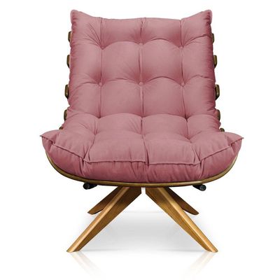 Poltrona Giratória Costela Suede Rose Base Madeira D´rossi