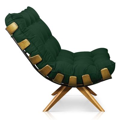 Poltrona Giratória Costela Suede Verde Base Madeira D´rossi