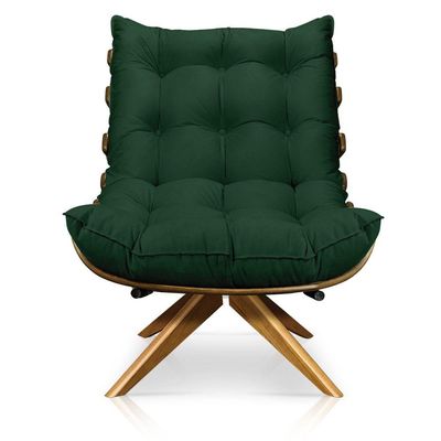 Poltrona Giratória Costela Suede Verde Base Madeira D´rossi