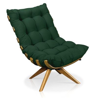 Poltrona Giratória Costela Suede Verde Base Madeira D´rossi
