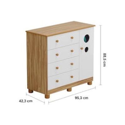 Cômoda Infantil Peroba Duda Plus com 1 Porta, 4 Gavetas, 1 Prateleira e 95,3 cm de Largura Bege Claro
