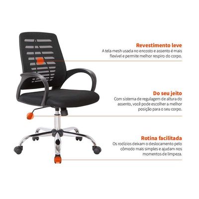 Conjunto de Mesa Studio Branca 180 cm com Cadeira de Escritório Secretária Giratória Light Preta
