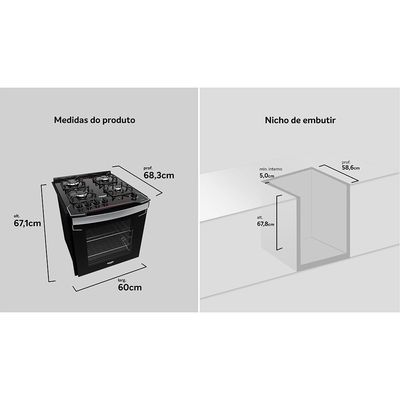 Fogão a Gás de Embutir Dako Diplomata 4 Bocas com Mesa de Vidro Preto / Bivolt