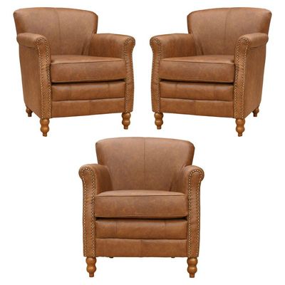 Kit 03 Poltronas Decorativas Sala de Estar Brunei Pés Madeira Couro Mel - Gran Belo