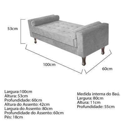 Recamier Baú Félix Solteiro 100cm Suede Cinza