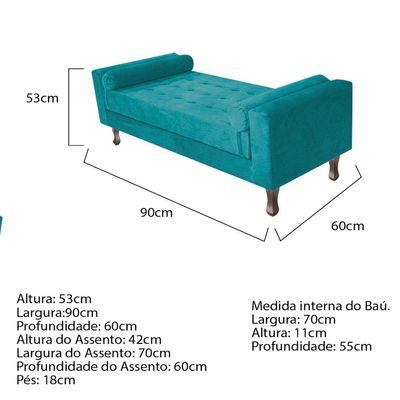 Recamier Baú Félix Solteiro 90cm Suede Azul Turquesa