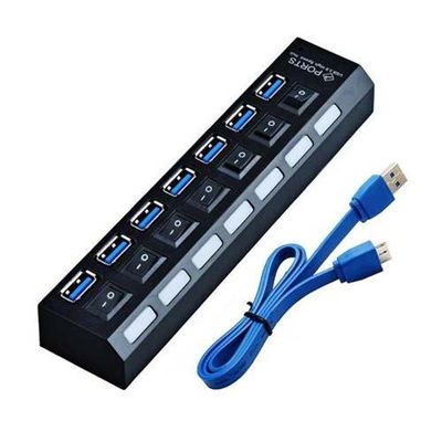 Hub Usb 3.0 Preto Com 7 Portas E Chave Liga / Desliga .