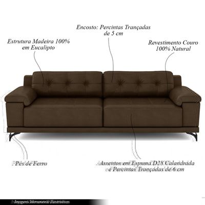 Sofá Living 3 lugares 212cm Agostino Pés Design em Ferro Couro Capuccino G52 - Gran Belo
