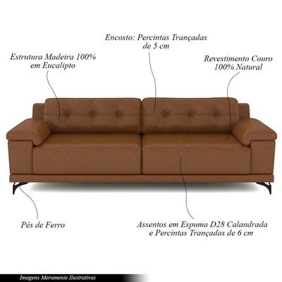 Sofá Living 4 lugares 272cm Agostino Pés Design em Ferro Couro Caramelo Manchado G52 - Gran Belo