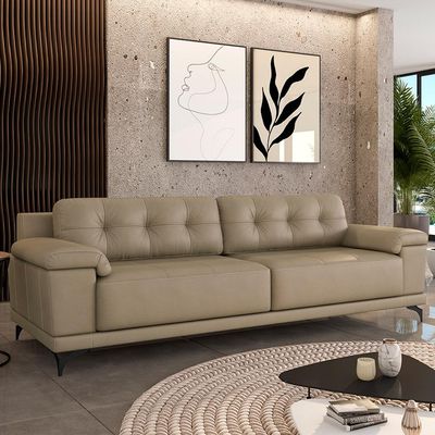 Sofá Living 4 lugares 272cm Agostino Pés Design em Ferro Couro Bege G52 - Gran Belo