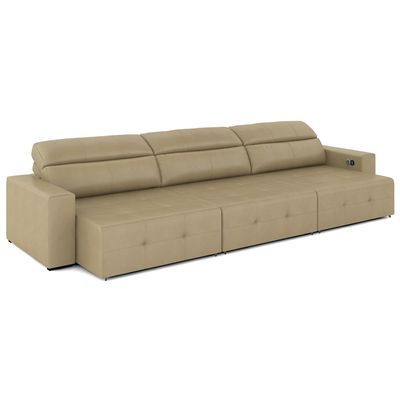 Sofá Retrátil 4 Lugares 284cm 3 Módulos Nero com USB Couro Bege G52 - Gran Belo