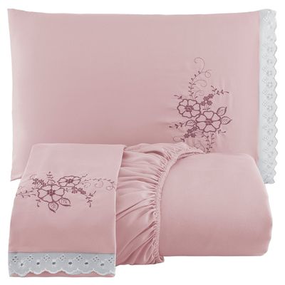 Jogo de Cama Lençol Casal Bordado Advance 3 Peças - Rosê
