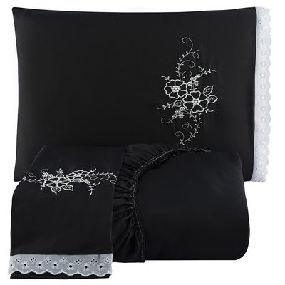 Jogo de Cama Lençol Casal Bordado Advance 3 Peças - Preto