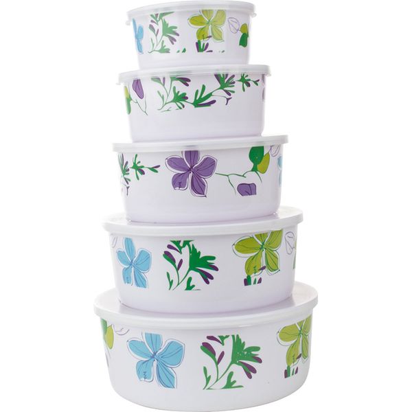 Conjunto 5 Potes Melamina Redondo Flores Verde e Roxo