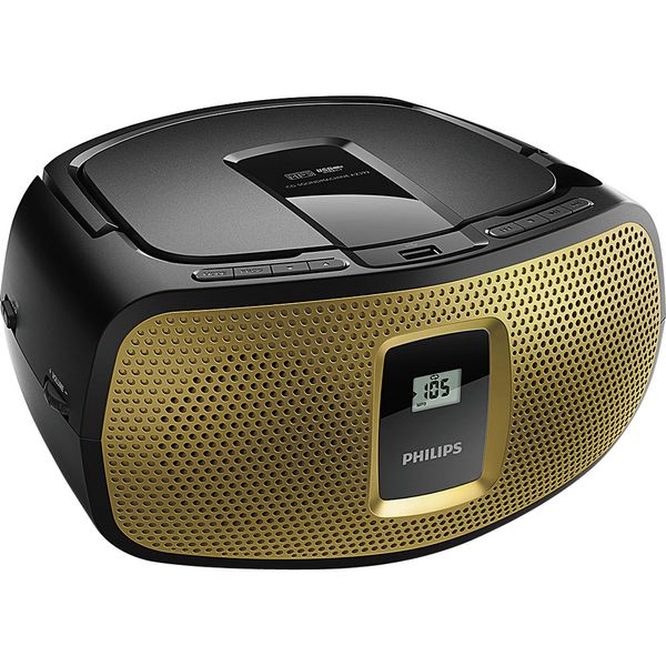 Rádio CD MP3 Player AM/FM Potência 2W RMS Entradas USB Auxiliar Philips Soundmachine Preto/Dourado