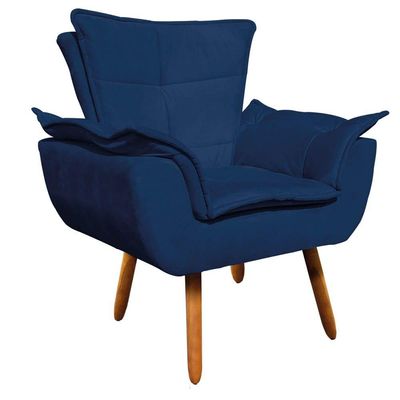 Poltrona Opala Suede Azul Marinho Pés Palito Castanho Drossi