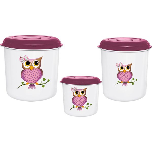 Conjunto 3 Potes para Mantimentos Redondo Coruja Injetemp
