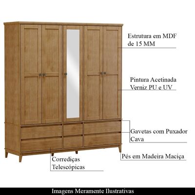 Guarda Roupa Decorativo Every Madeira Bipartido 5 Portas com Espelho Freijó G74 - Gran Belo