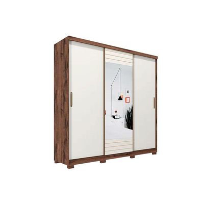 Guarda Roupa Casal 3 Portas de Correr e 4 Gavetas c/ Espelho Búzios Avelã/Off White - Panan