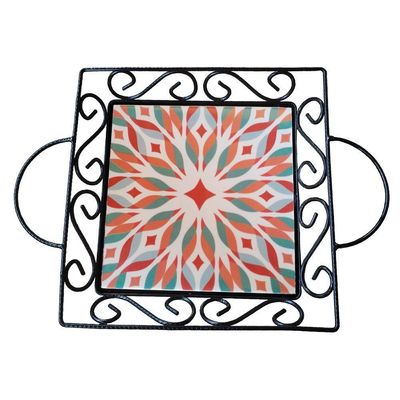 Fruteira De Mesa Bandeja Ferro E Azulejo Quadrada Premium Cozinha Azulejo G1
