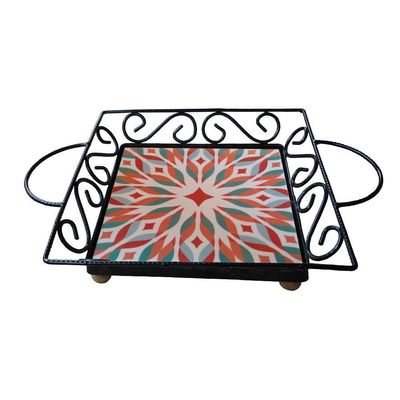 Fruteira De Mesa Bandeja Ferro E Azulejo Quadrada Premium Cozinha Azulejo G1