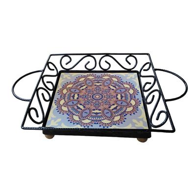 Fruteira De Mesa Bandeja Ferro E Azulejo Quadrada Premium Cozinha Azulejo G6