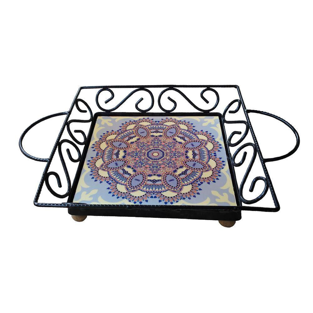 Fruteira De Mesa Bandeja Ferro E Azulejo Quadrada Premium Cozinha Azulejo G6