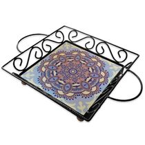 Fruteira De Mesa Bandeja Ferro E Azulejo Quadrada Premium Cozinha Azulejo G6