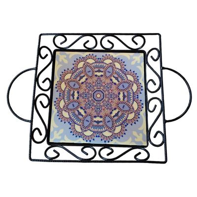 Fruteira De Mesa Bandeja Ferro E Azulejo Quadrada Premium Cozinha Azulejo G6