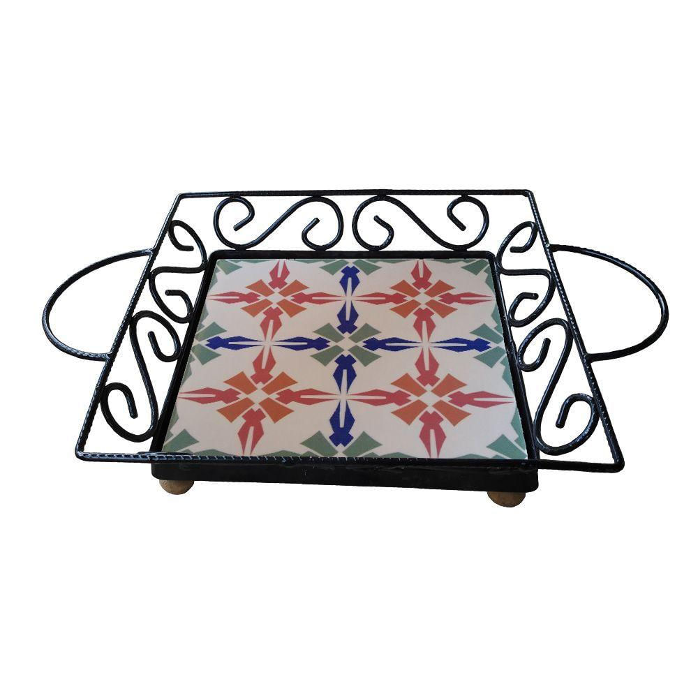 Fruteira De Mesa Bandeja Ferro E Azulejo Quadrada Premium Cozinha Azulejo G8
