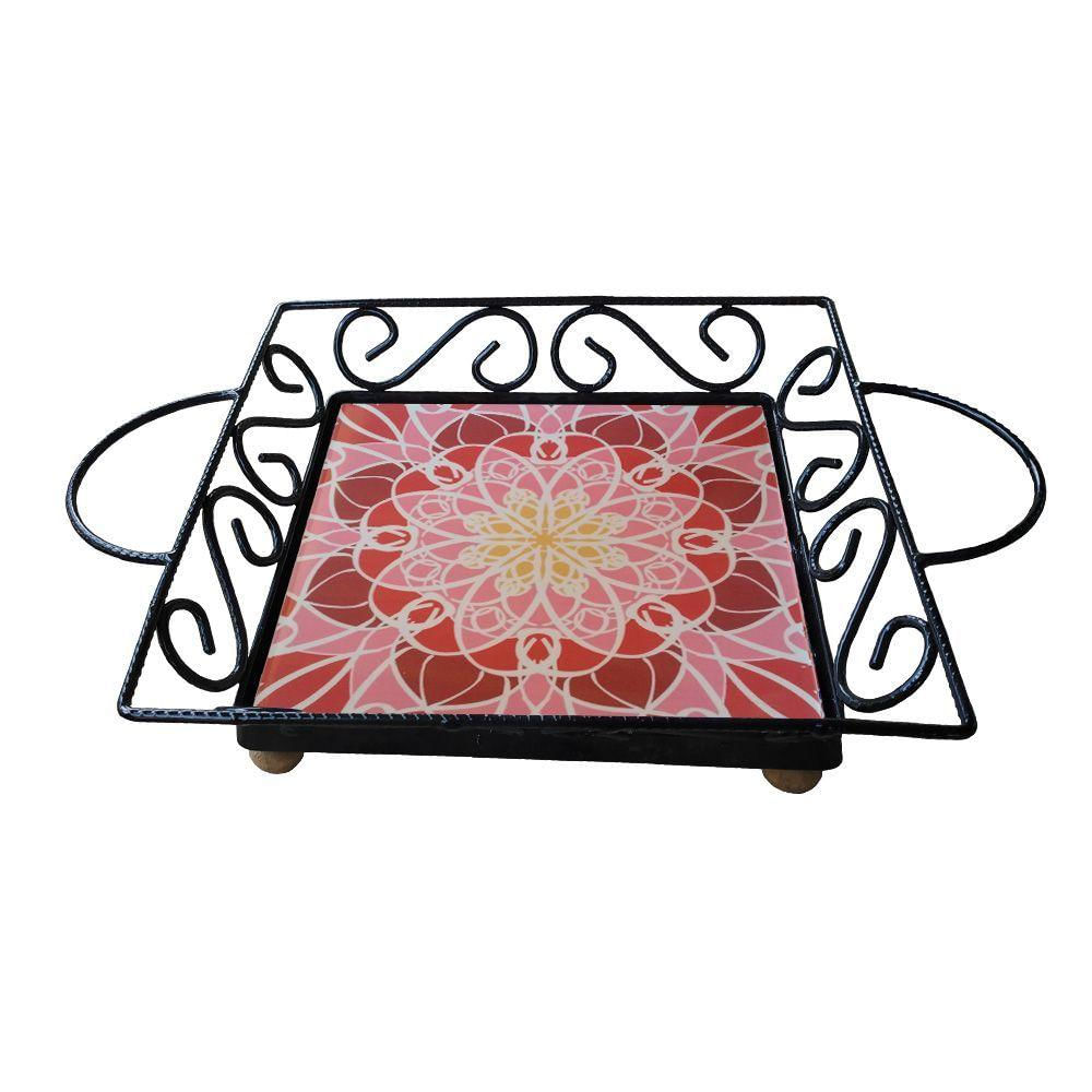 Fruteira De Mesa Bandeja Ferro E Azulejo Quadrada Premium Cozinha Azulejo G5