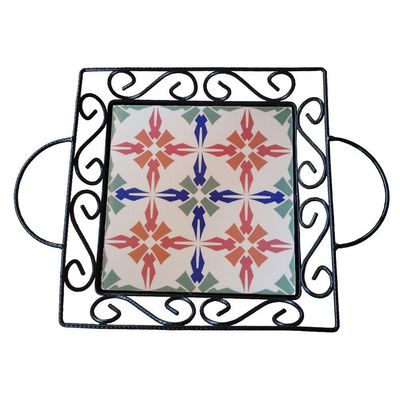 Fruteira De Mesa Bandeja Ferro E Azulejo Quadrada Premium Cozinha Azulejo G8