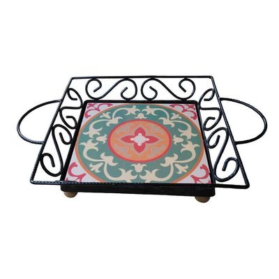 Fruteira De Mesa Bandeja Ferro E Azulejo Quadrada Premium Cozinha Azulejo G2