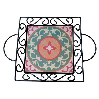 Fruteira De Mesa Bandeja Ferro E Azulejo Quadrada Premium Cozinha Azulejo G2