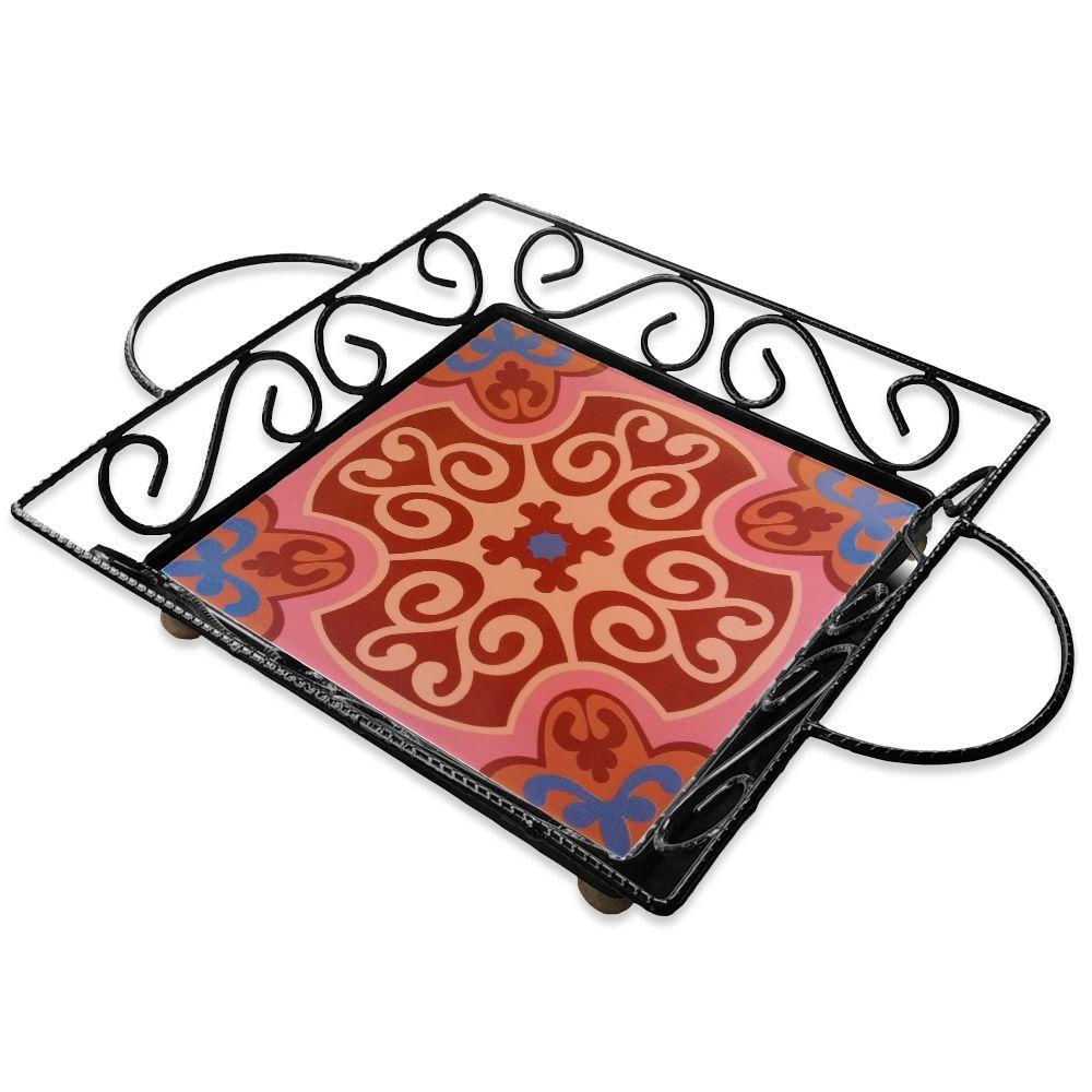 Fruteira De Mesa Bandeja Ferro E Azulejo Quadrada Premium Cozinha Azulejo G4