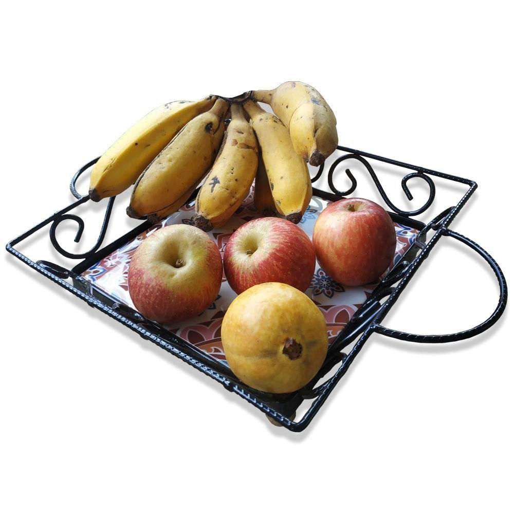Fruteira De Mesa Bandeja Ferro E Azulejo Quadrada Premium Cozinha Azulejo G7